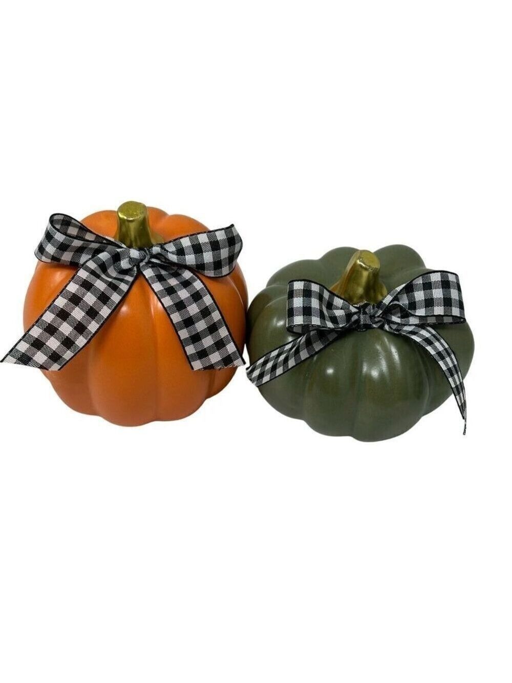Farmhouse Fall Pumpkin Decor Set White Gray Green Buffalo Check Bow Autumn Decor